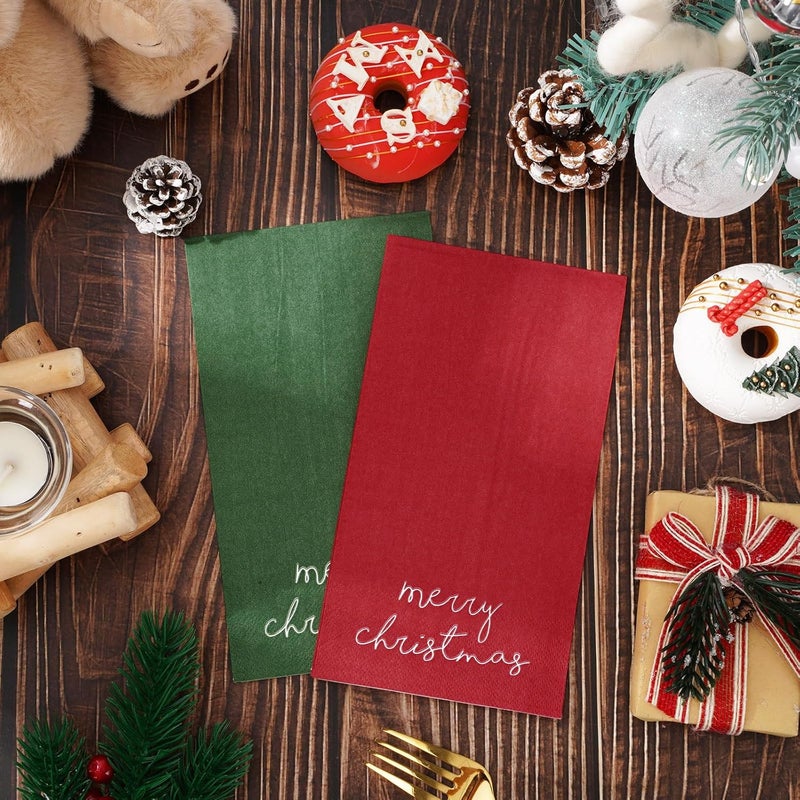 Whaline 200 Pcs Christmas Guest Napkins Red Green Merry Christmas Paper Napkins Disposable Xmas Guest Hand Napkin Towel for Winter Holiday Party Supplies Bathroom Table Decor - Image 3